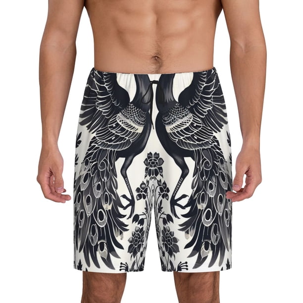 Fotbe Artistic Black White Peacocks Pantalones Cortos de Pijama para Hombre, Ropa de Dormir, Pantalones de Pijama Cortos para Hombre-Large