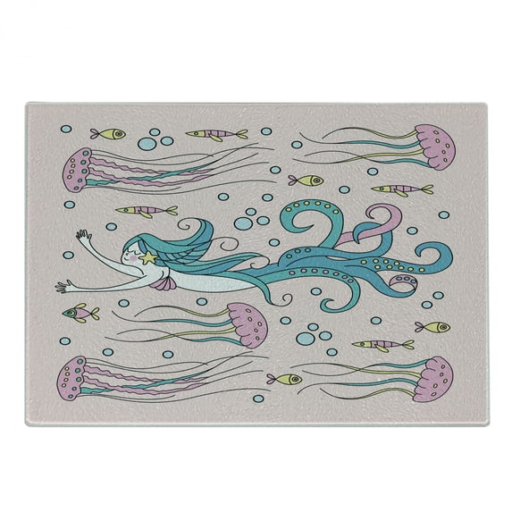 Sea Monster Cutting Board, Mythological with Long Hair Jellyfish Fish, Decorative Tempered Glass Cutting and Serving Board, in 3 Sizes, by Ambesonne