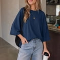 thumbnail image 2 of Yaruuzi 3/4 Length Sleeve Womens Tops Crewneck T Shirts Layering Tops Oversized Blouses Shirts for Women Pleated Shirts Fall Tops Boho Tops Light Weight Tops Athletic Tops Blue L, 2 of 9