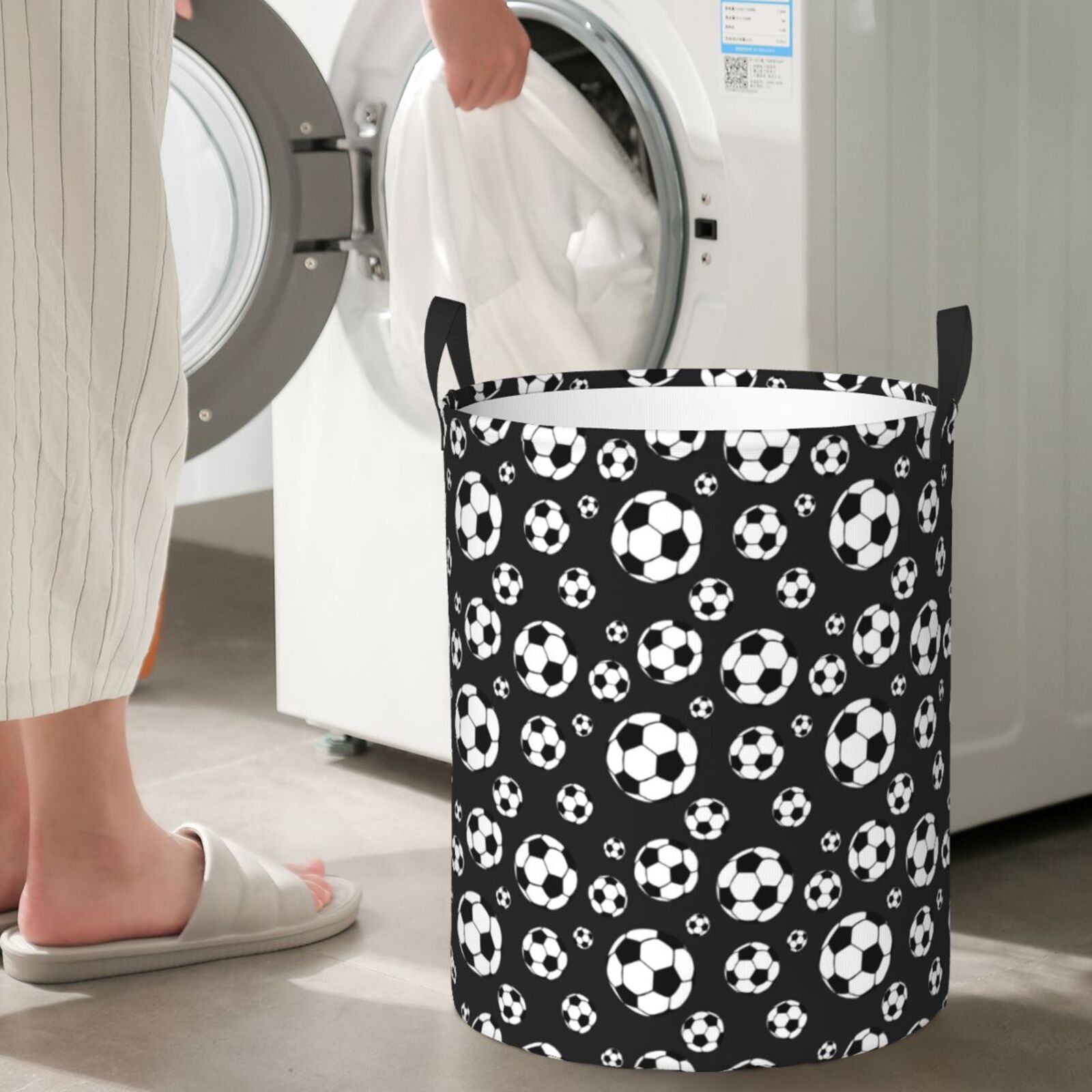 Large Laundry Basket with Handles - soccer Football black Kids Baby Dirty Clothes Laundry Hamper for Bedroom Aesthetic