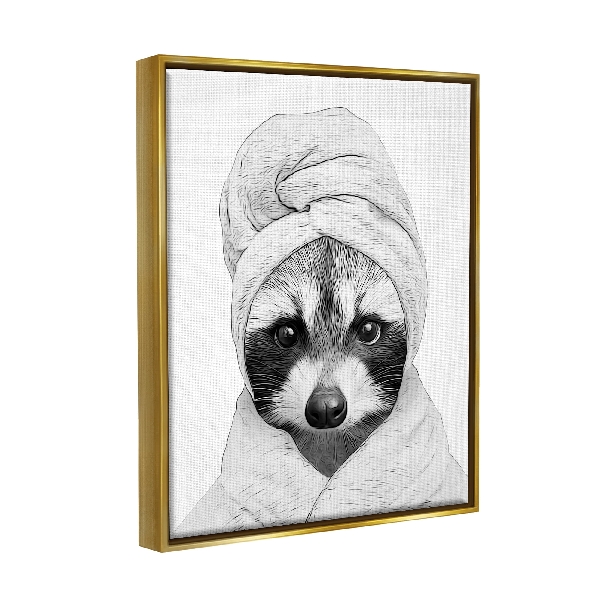 Stupell Industries Funny Raccoon Bathrobe Towel Animals & Insects Painting Gold Floater Framed Art Print Wall Art