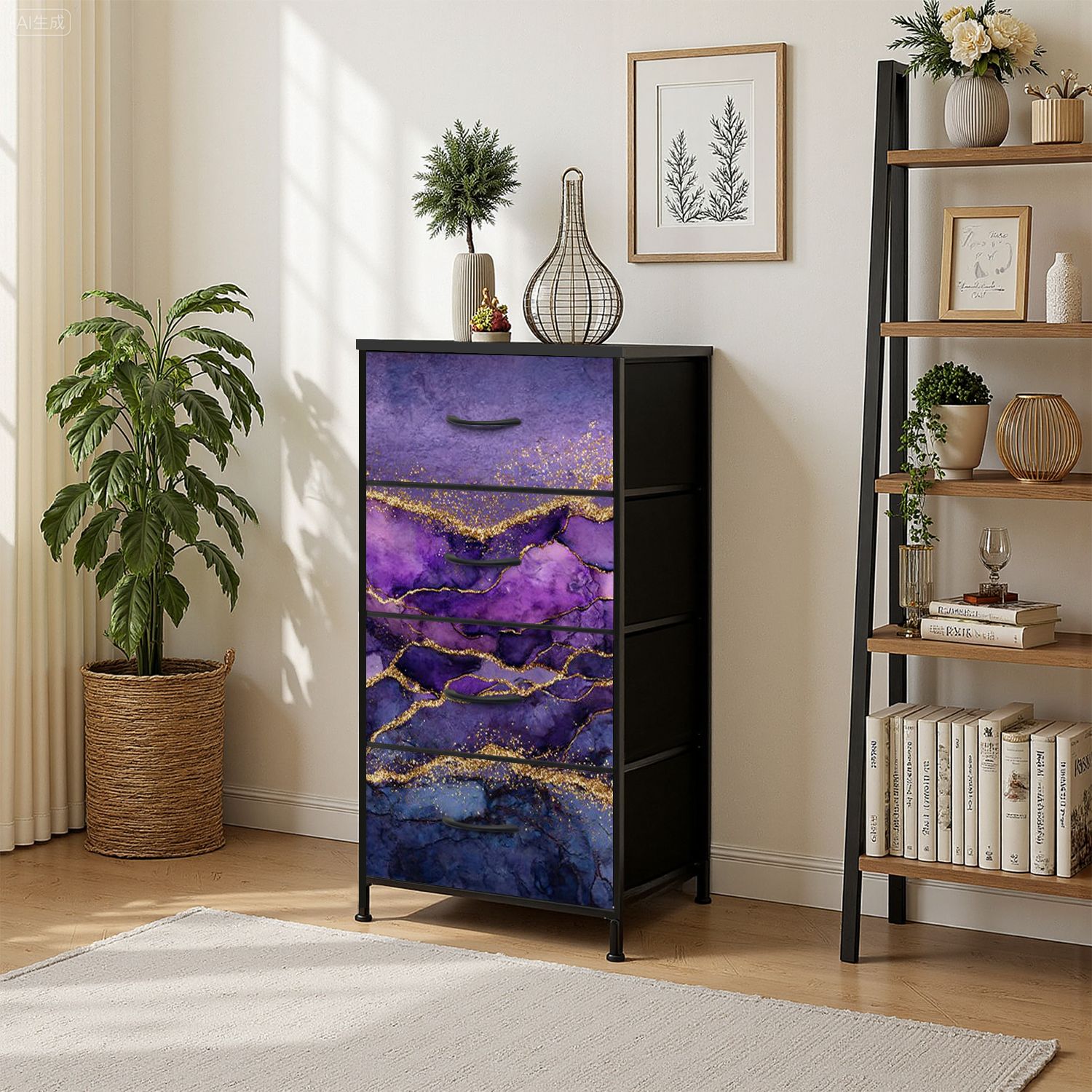Boho Dresser for Bedroom with 4 Storage Drawers abstract marbling purple marble golden veins fake painted Dressers Chest of Drawers Steel Framed Fabric Closet Organizers for Entryway