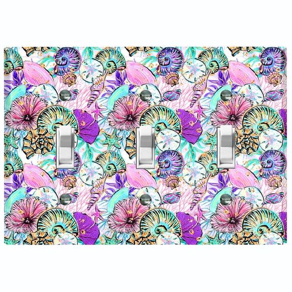Metal Light Switch Wall Plate Outlet Cover (Sea Snail Starfish Pastel Glitter Reef Bubbles - Triple Toggle)