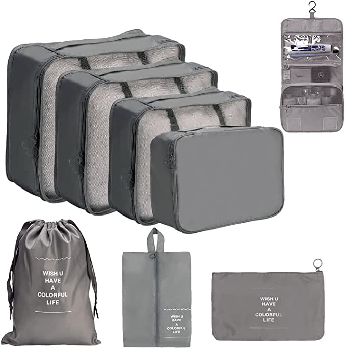 Ximito 7 Set Packing Cubes Travel Luggage Waterproof Organizers 3 Pouches Gray 1 Shoe Bag 3 Travel Cubes 