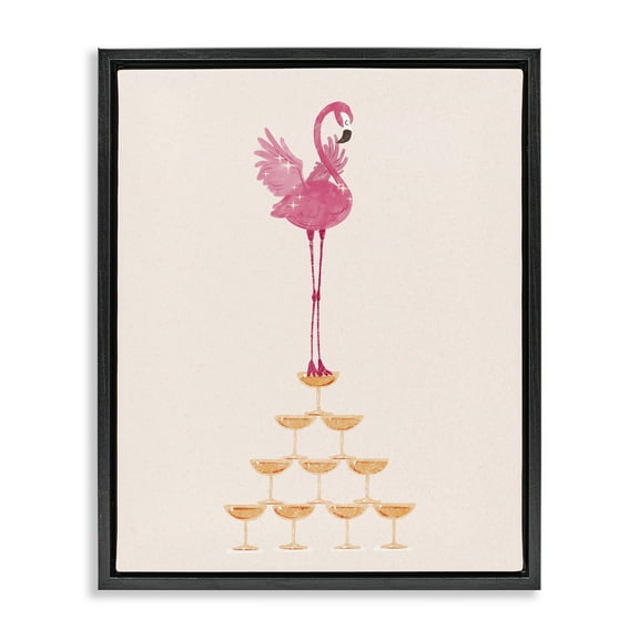 Stupell Industries Balancing Flamingo & Wine Novelty Painting Black Floater Framed Art Print Wall Art, 17 x 21