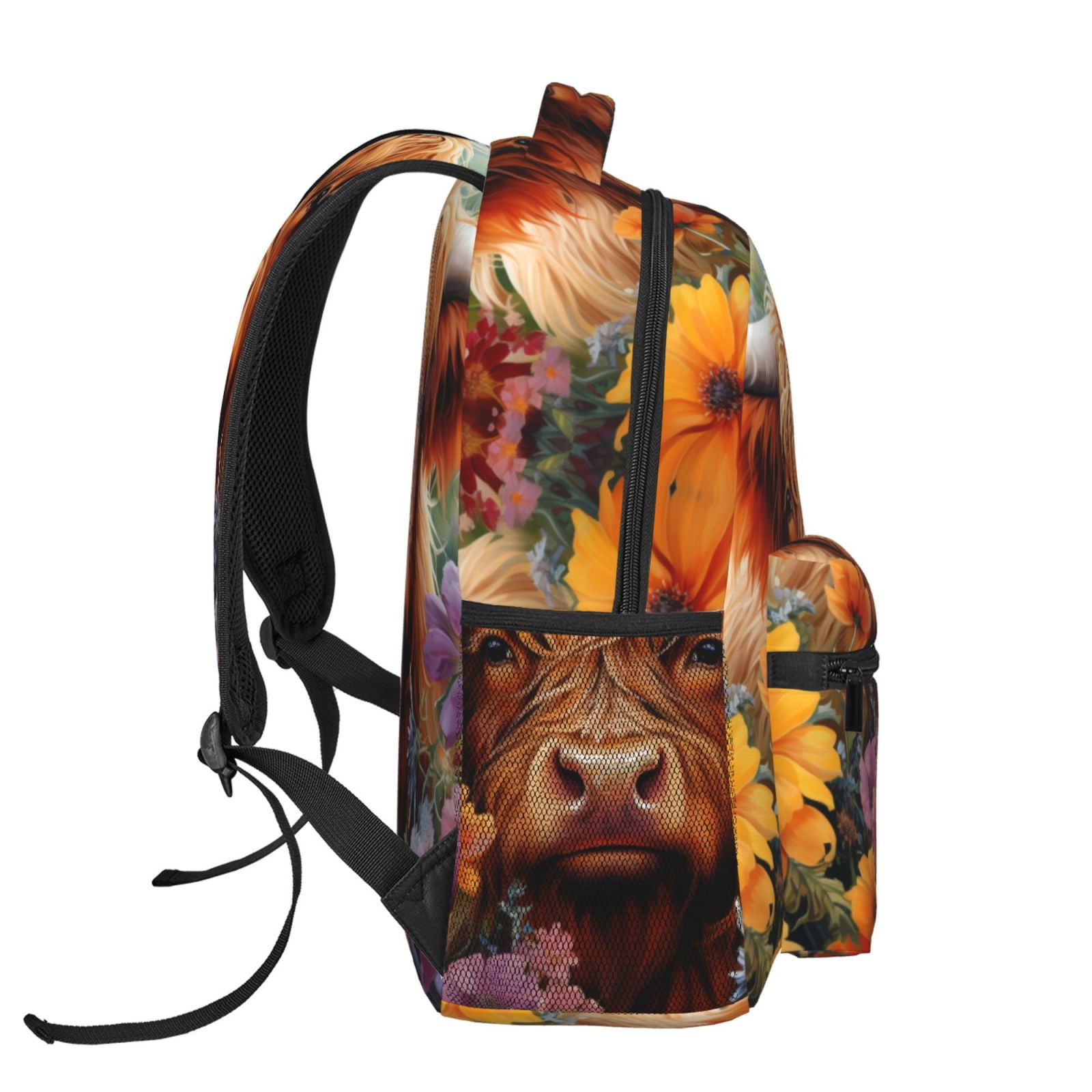 Ratiio Countryside Colorful Floral Cow Print Eco-Friendly Casual Backpack, Water-Resistant Polyester Canvas Daypack with Smooth Zippers, Comfortable & Durable Travel Bag with Laptop Compartment