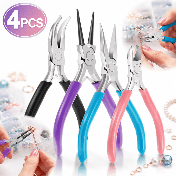 Ustris 4Pcs Jewelry Pliers Tool Set Includes Needle Nose Pliers, Round Nose Pliers, Wire Cutters and Bent Nose Pliers for Jewelry Beading Repair Making Supplies