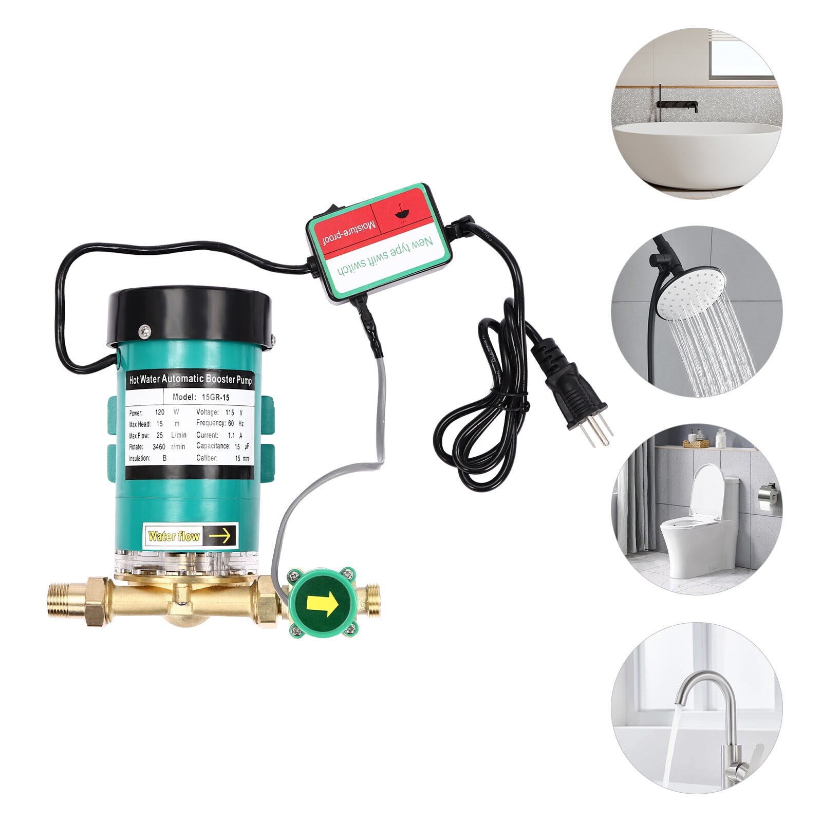 115V 120W Household Shower Booster Pump Automatic Boost Water Pressure Pump IP45 Green for Kitchens