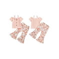 thumbnail image 3 of Aojekbee Kid Girls Pants Set, Short Sleeve Bow Button Closure T-shirt with Flower Print Flare Pants Summer Outfit, 3 of 10