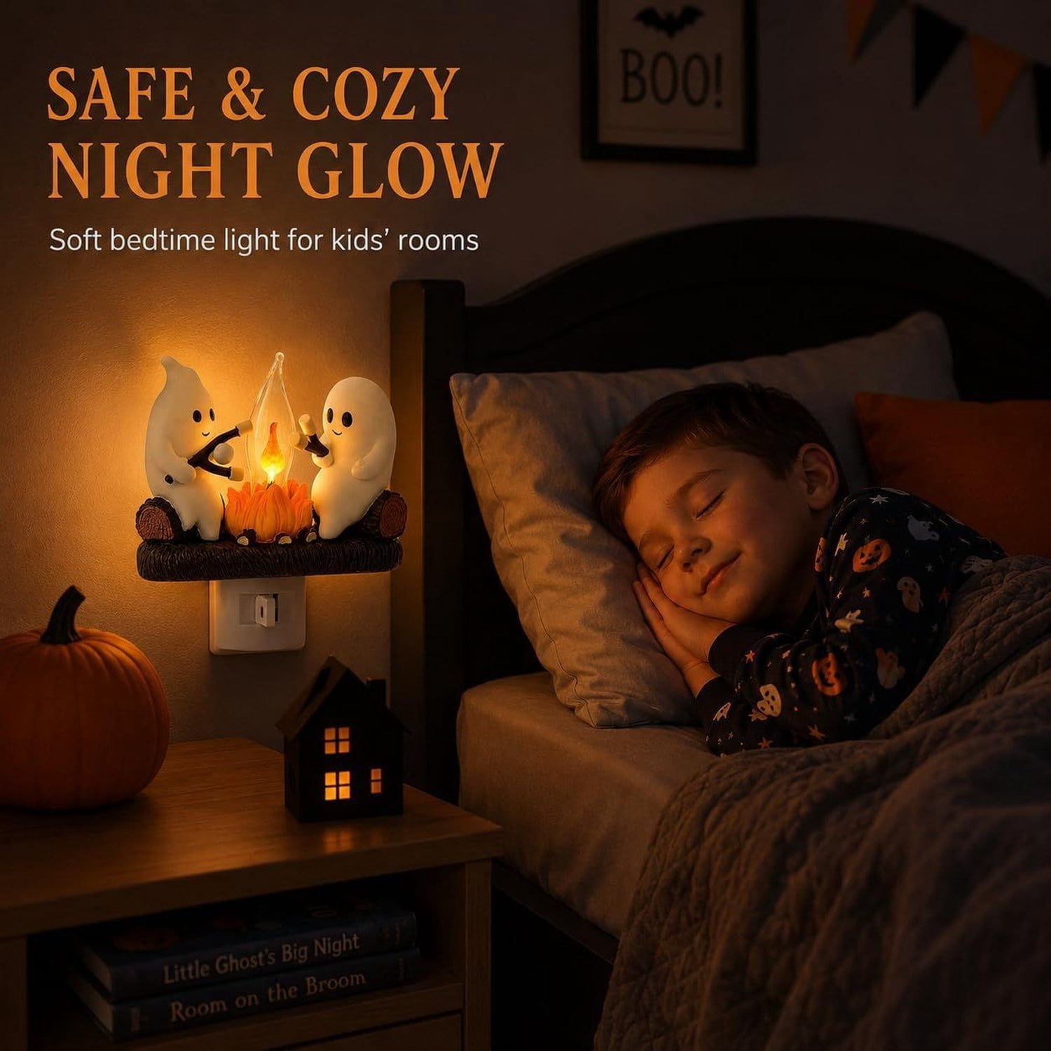 Ghost Campfire Night Light, Plug-In Wall Flickering Flame Nightlight, 3D Resin Halloween Decoration for Bedroom and Hallway