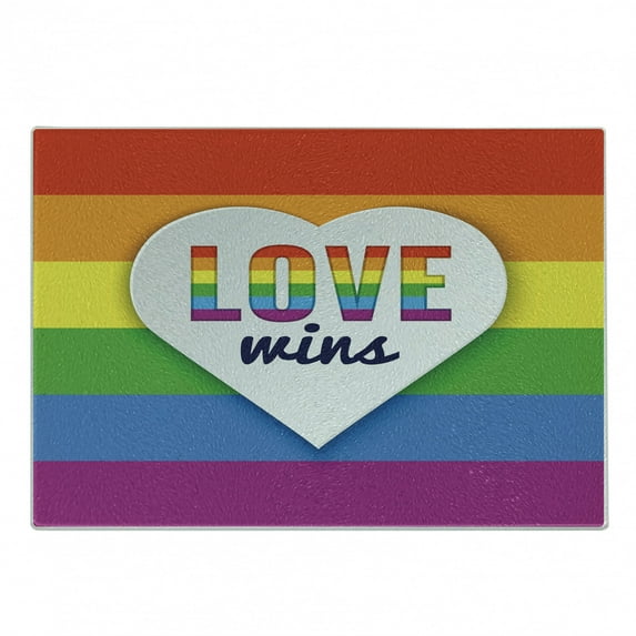 Pride Cutting Board, Rainbow Flag with Stripes Heart with Love Wins Text LGBT Culture Colorful, Decorative Tempered Glass Cutting and Serving Board, Small Size, Multicolor, by Ambesonne