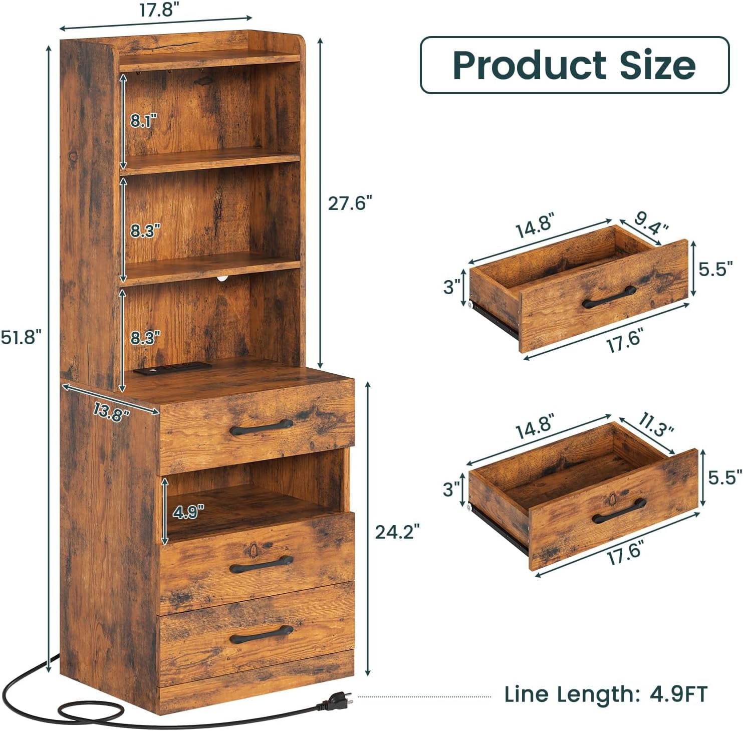 AOGLLATI 51.8in Tall Nightstand with Charging Station, LED Lights, Bookshelf, 3 Drawers, Bedside Table