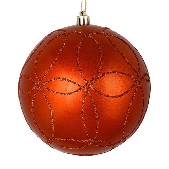 Vickerman N182618D 6 in. Burnish Orange Candy Ball Ornament with Circle Glitter Pattern 3 per Bag