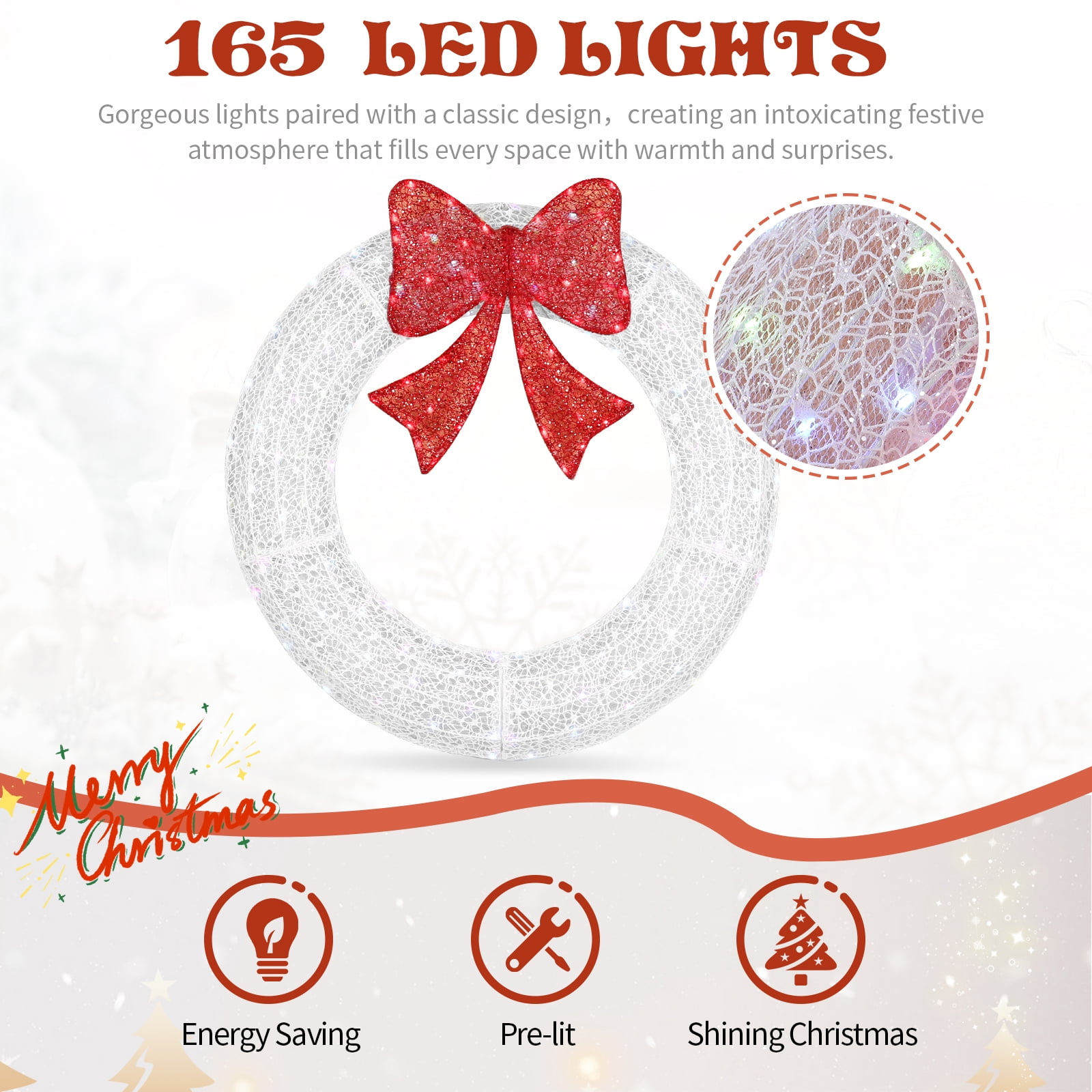 36in Pre-lit Outdoor Christmas Wreath Decoration, Lighted Metal Wreath with Red Bow, Remote Control LED Lights with Timer, for Front Door Gate Wall Indoor Outdoor Holiday Party, White