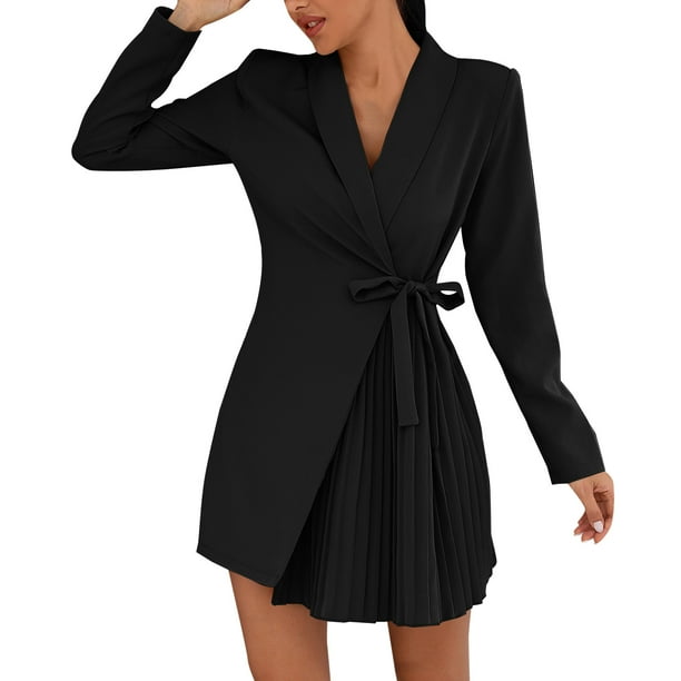 Gibobby Vestido corta de fiesta casual Vestido elegante casual para mujer Vestido de traje plisado con en la cintura de manga larga de color sólido(Negro,G)