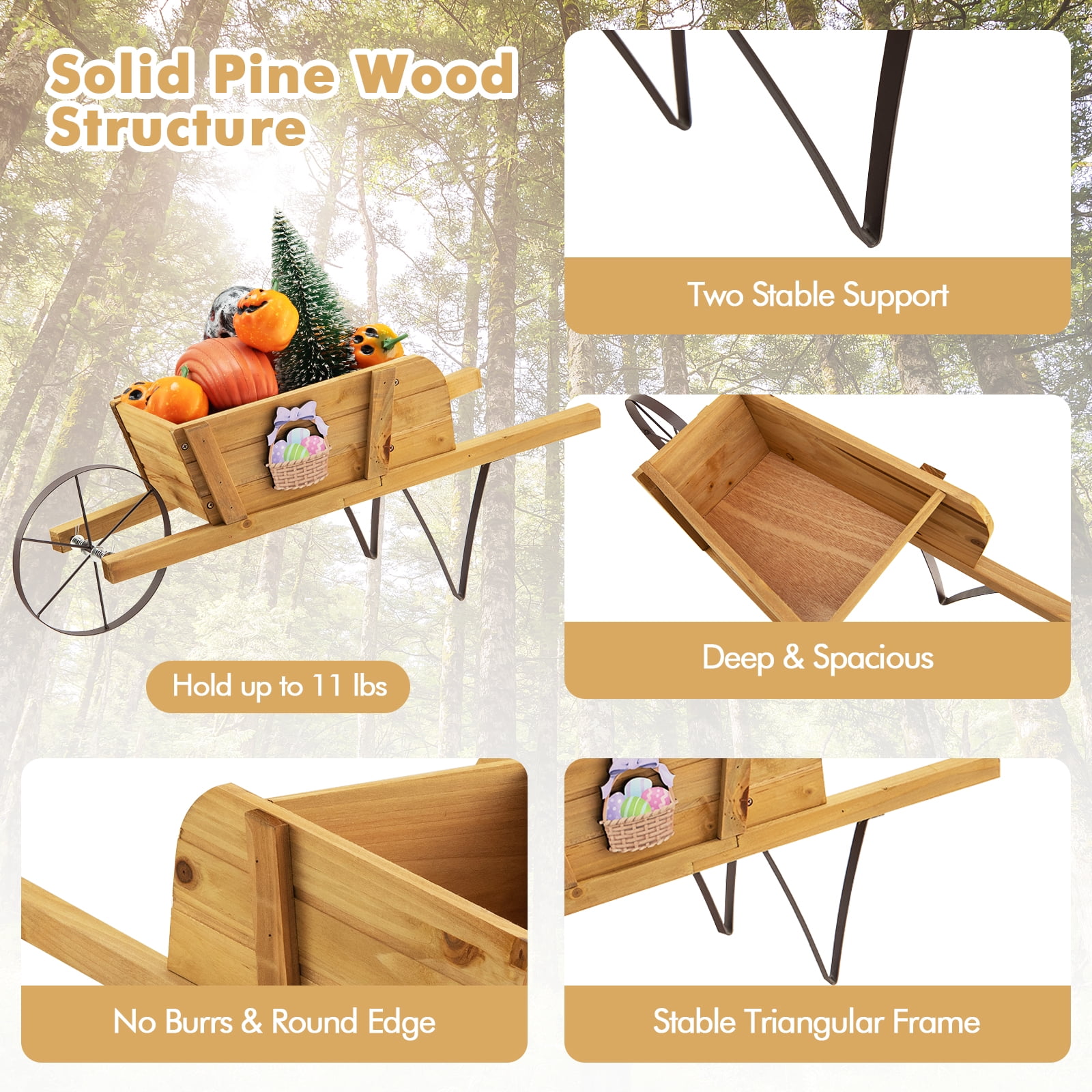 Topbuy Flower Pot Wheelbarrow Planter Solid Pine Wood Wagon Planter w/ Triangular Metal Support 2 Energy-saving Handles Movable Whee Walnut