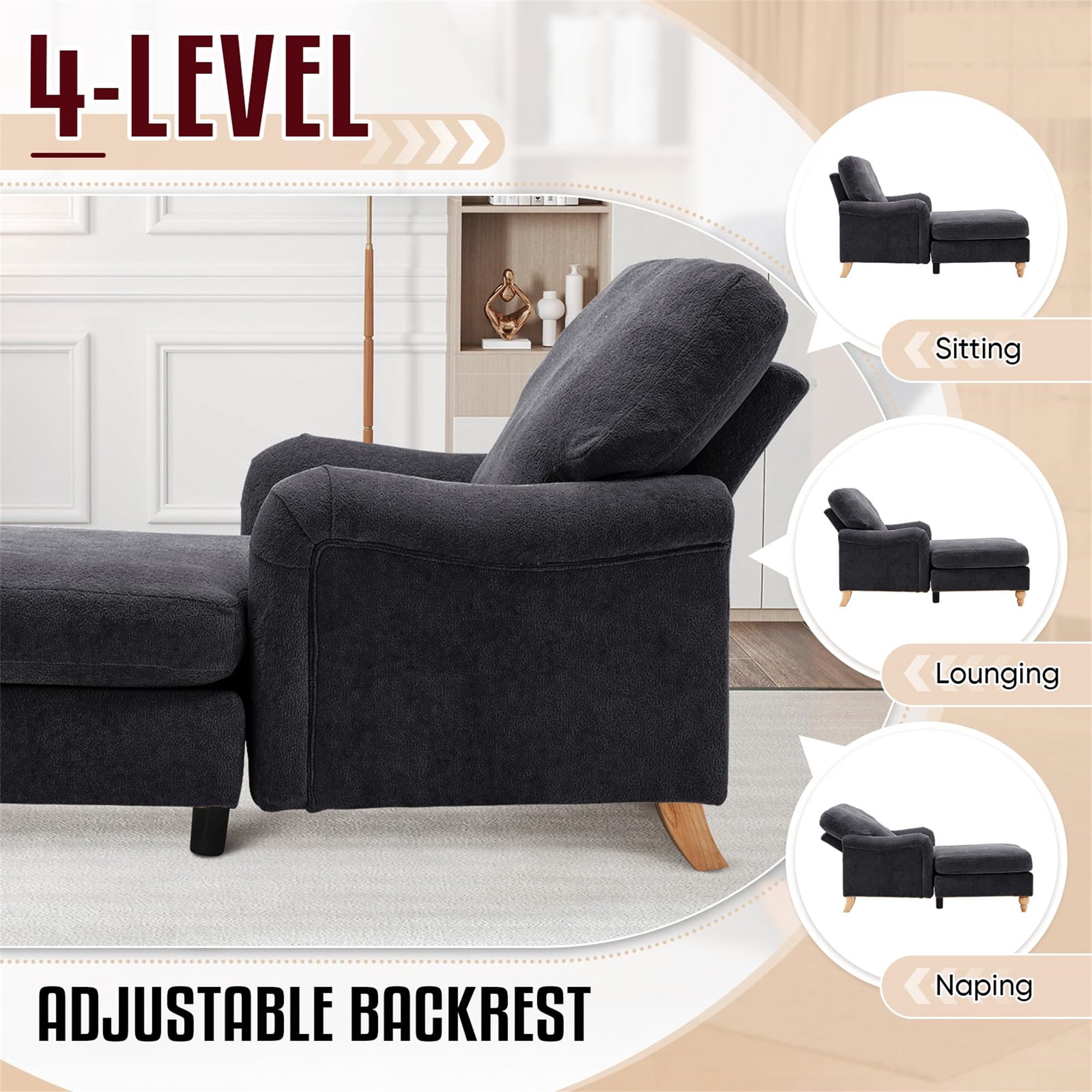Aukfa Modern Oversized Chaise with Adjustable Backrest, Sleeper Chair Sofa Recliner for Living Room, Black