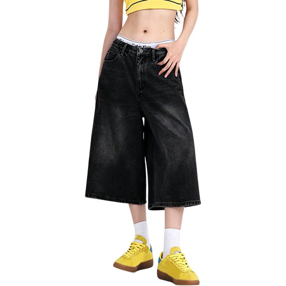 Swanpen Women's Solid Color Jean Capri Shorts Wide Leg Loose Fit Button Detail Casual Pants for Spring Summer Fall