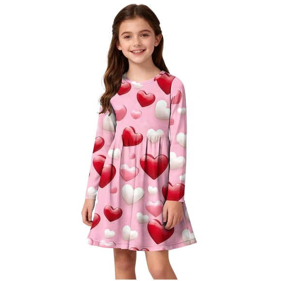 Robe Patineuse à Manches Longues pour Filles avec Jupe Évasée Extensible, Col Rond pour Récital de Ballet Ou Fête de la Saint-Valentin en Rouge