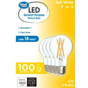 Great Value 18YR A19 LED Light Bulb, 13W (100W Equivalent), Dimmable Soft White, E26 Base, 4 Pack