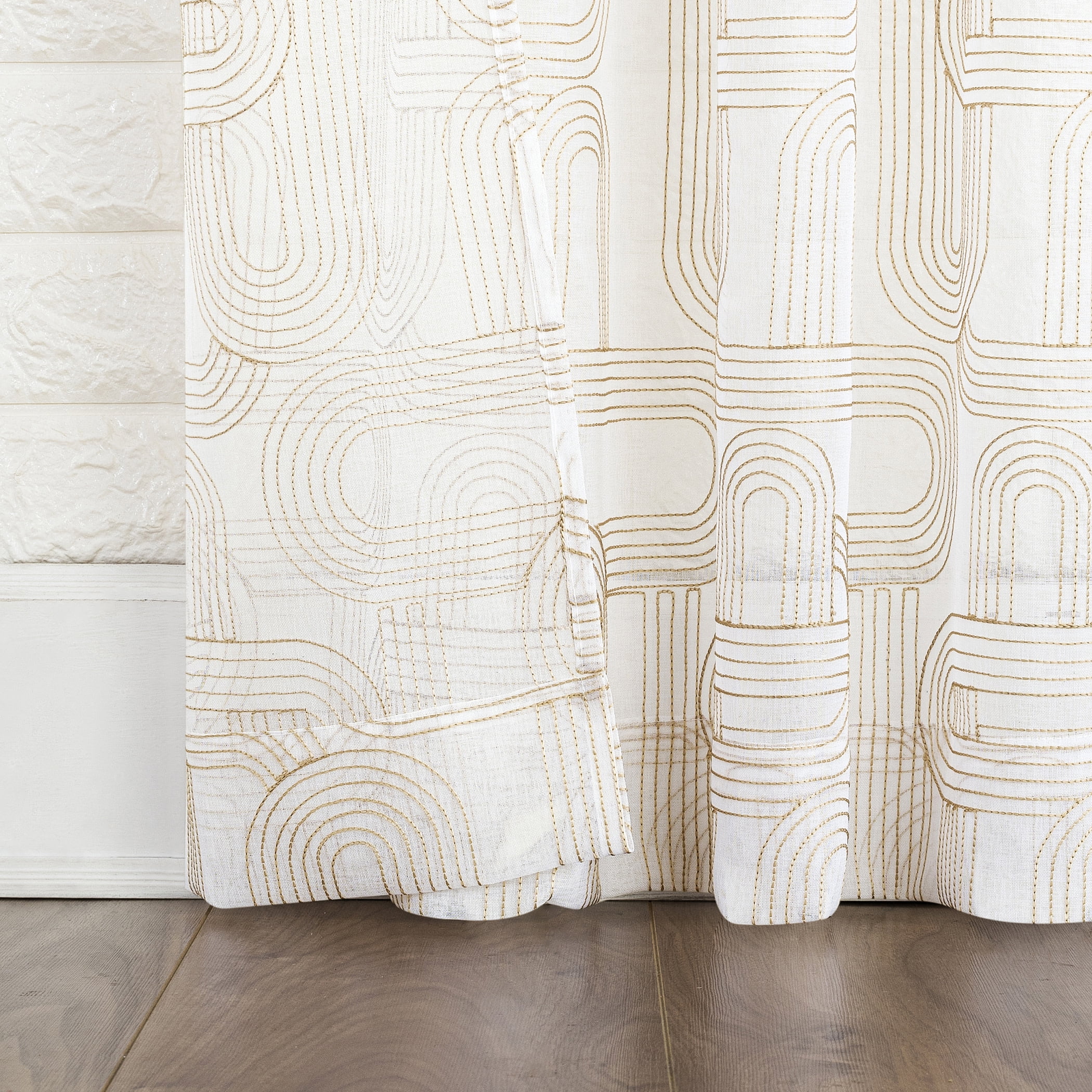 No. 918 Kaz Embroidered Retro Curves Sheer Curtain Panel, 1-Piece Rod Pocket Indoor Window Panel, 50”x63", Champagne