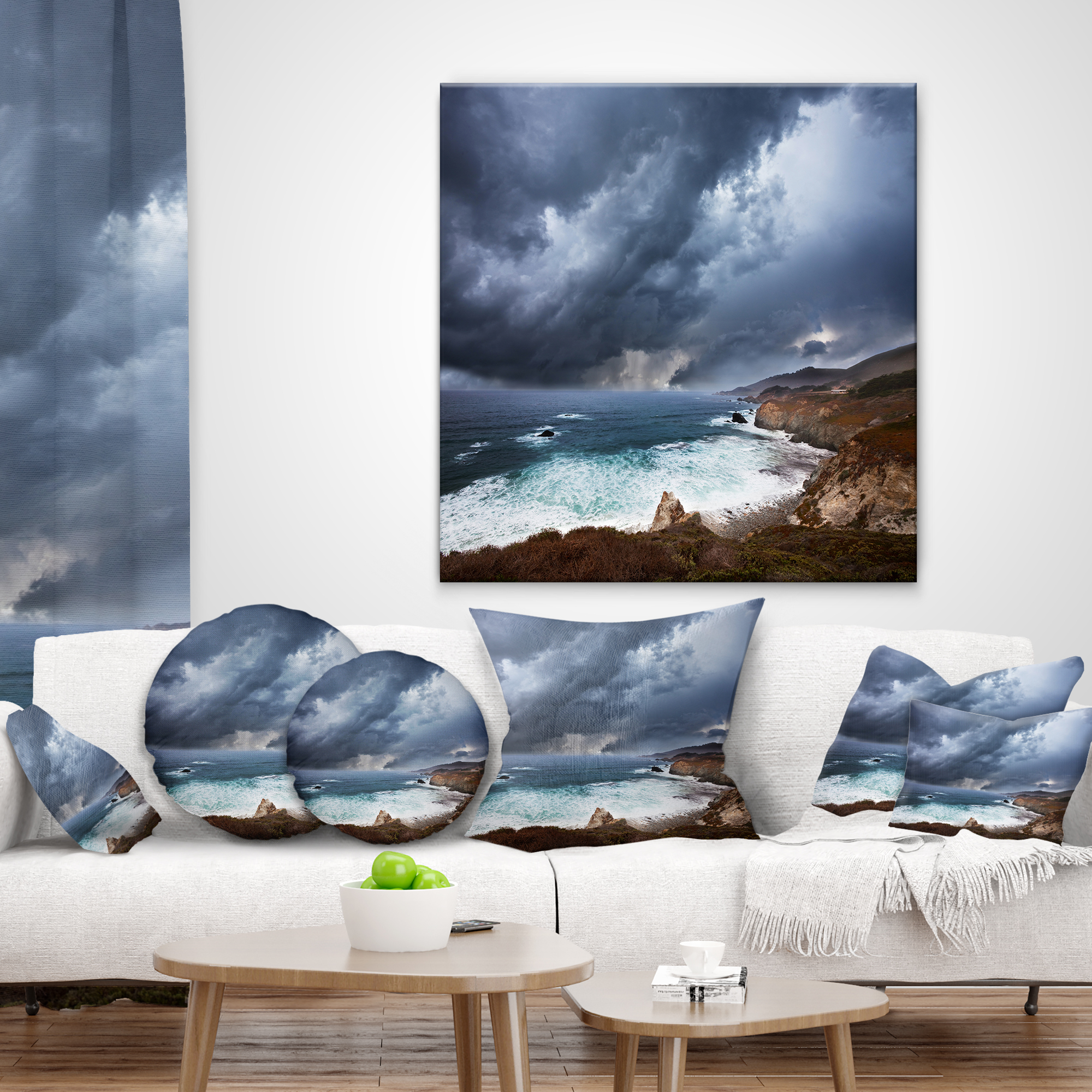 Designart Heavy Blue Clouds and Waves - Modern Beach Throw Pillow - 18x18