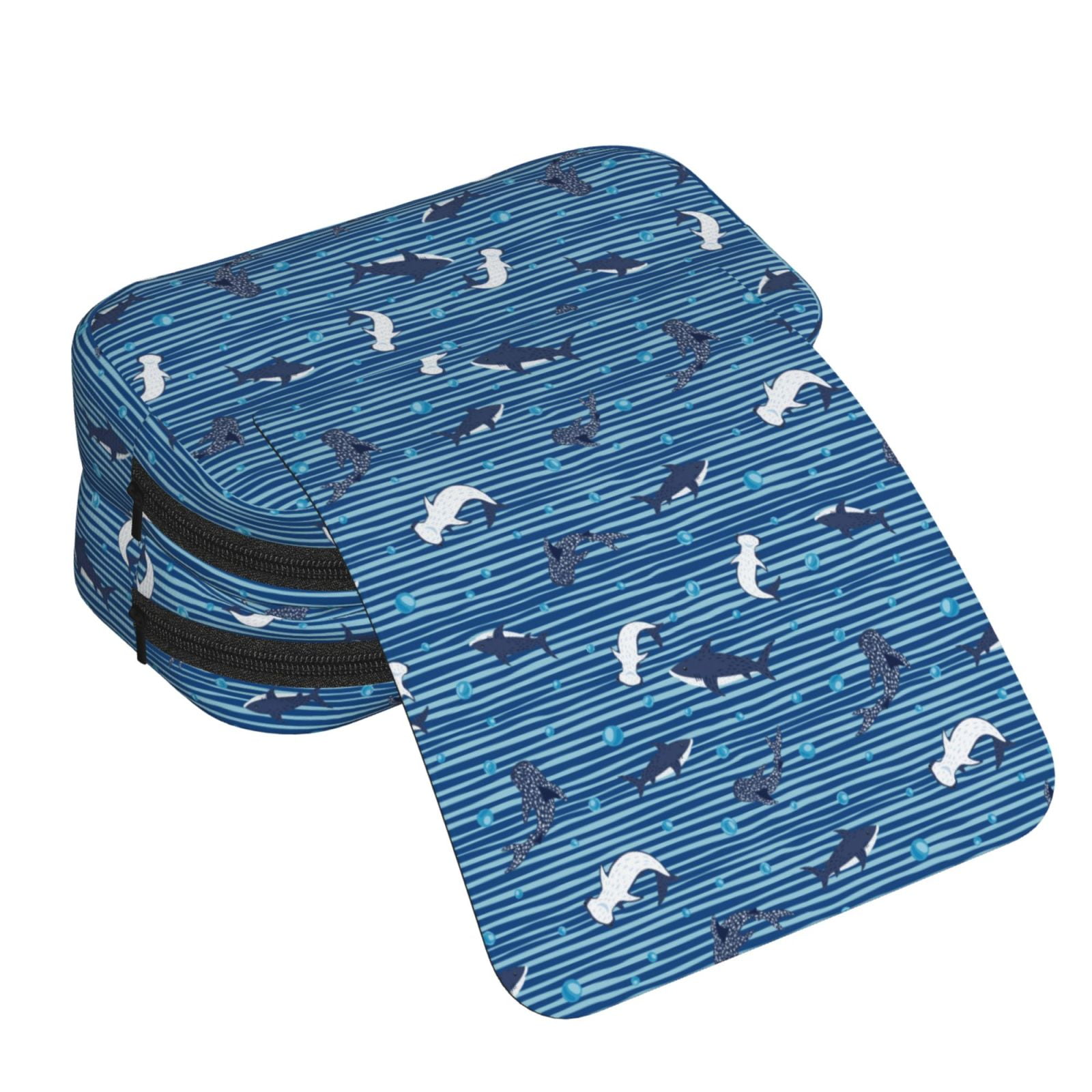 Rateoe Sharks on White Blue Striped Pattern Double Clamshell Pen Case, Storage Organizer with Two Zipper Compartments– Holds Up to 50 Pencils & Pens