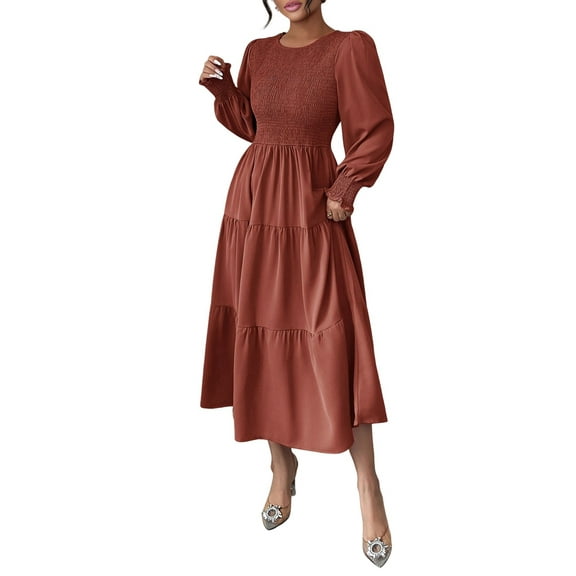Autumn Women'S Long Sleeve Ruffled Round Neck Layered Flowing Wedding Guest Maxi Dress Brown M