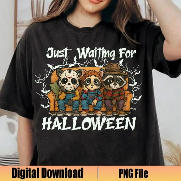 Just Waiting for Halloween T-shirt, Halloween Raccoon Shirt, Spooky Movie Villains, Funny Horror Characters Tee
