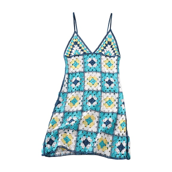 Yokua Women Crochet Midi A-Line Dress Hollow Knit Geometric Spaghetti Strap Sundress