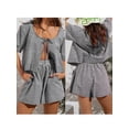 thumbnail image 3 of ZAXARRA Women 2 Piece Pajamas Set Plaid Puff Short Sleeve Tie Front Shirt Top Cute Loose Shorts Outfits Sleepwear, 3 of 8