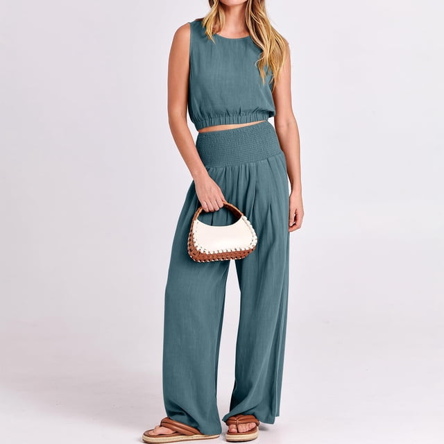 Traje De Pantalón Recortado Traje informal de 2 piezas para mujer, estilo bohemio, cuello redondo, pantalones fruncidos, atuendo diario Cgtredaw Xl Azul para Mujer
