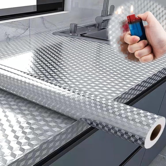 Stainless Steel Kitchen Oil-Proof Adhesive Wallpaper Roll, Waterproof Oil Proof Sticker Paper, Self-Adhesive Removable Aluminum Foil Sticker for Countertops Cabinet Dishwasher (24 * 118in)