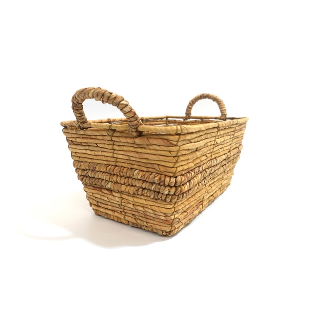 rectangular woven water hyacinth storage basket with two looped handles