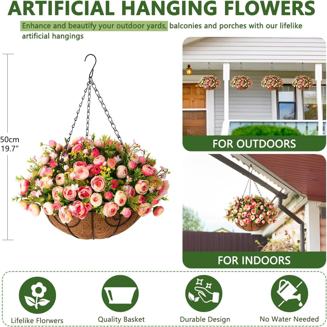 Artificial Fake Hanging Plants Flowers Basket for Spring Outdoor Decoration,Faux Silk Flowers Realistic UV Resistant in 12 inch Coconut Lining Baskets for Patio Decor(Rose red White)