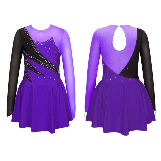 TTAO Robe de Patinage Artistique pour Filles Manches Longues Justaucorps de Danse Ballet Robe de Compétition Moderne Danse Violet 14