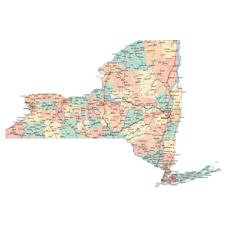New York City Blues Laminated Map - Large administrative map of New York state with roads, highways and cities Poster 24 x 36 ()