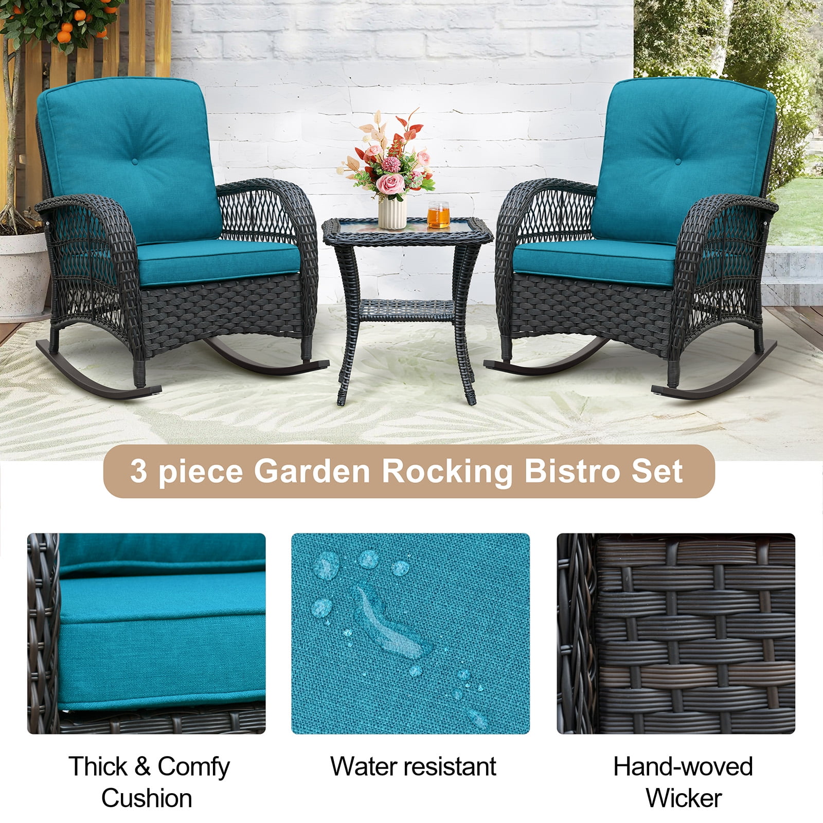 ATR ART to REAL Patio Wicker Rocking Furniture Sets,Rattan Rocker Chair Sets with Side Table for Porch, Peacock Blue