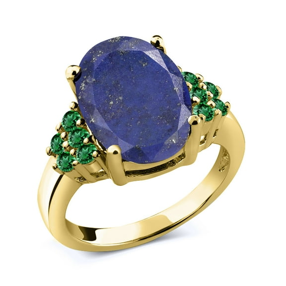 Gem Stone King 4.25 Ct Oval Blue Lapis Green Nano Emerald 18K Yellow Gold Plated Silver Ring (Size 5)