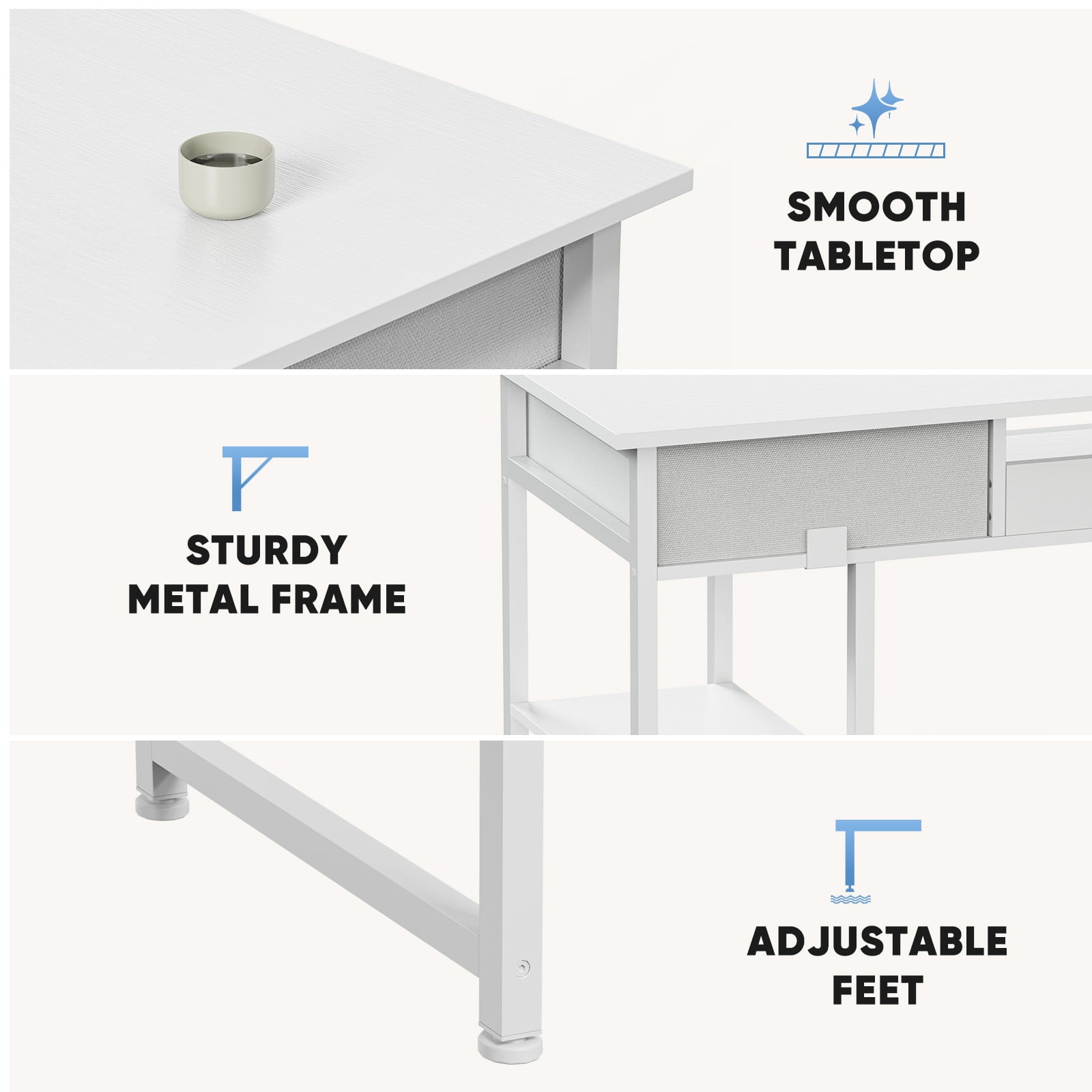 CONCETTA 47"L Shaped Computer Desk with 3 Drawers, Power Outlets, USB Ports, and Monitor Stand, Corner Gaming Desk for Home Office,White