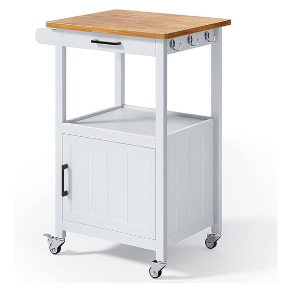 Kitchen Cart with Drawer, Small Kitchen Island on Wheels, Microwave Cart, Small Home Coffee Bar, Microwave Stand, Rolling Kitchen Island Cart with Side Hook, White