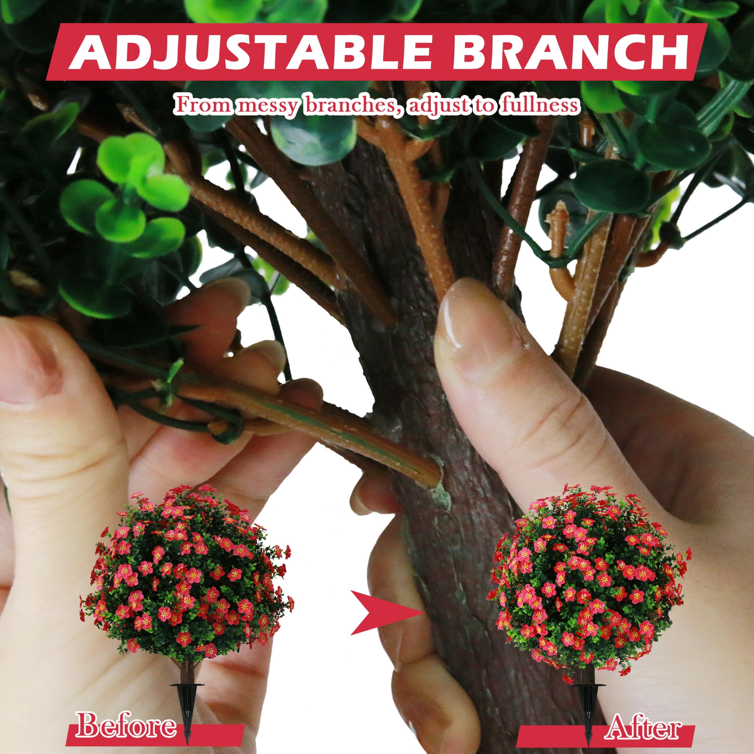 Bibana Set of 2 Artificial Boxwood Topiary Ball Trees with Red Flower, Faux Shrub Bushes with Ground Spike 25.5", UV Resistant Fake Boxwood Plants for Indoor, Garden, Porch, Patio Decor