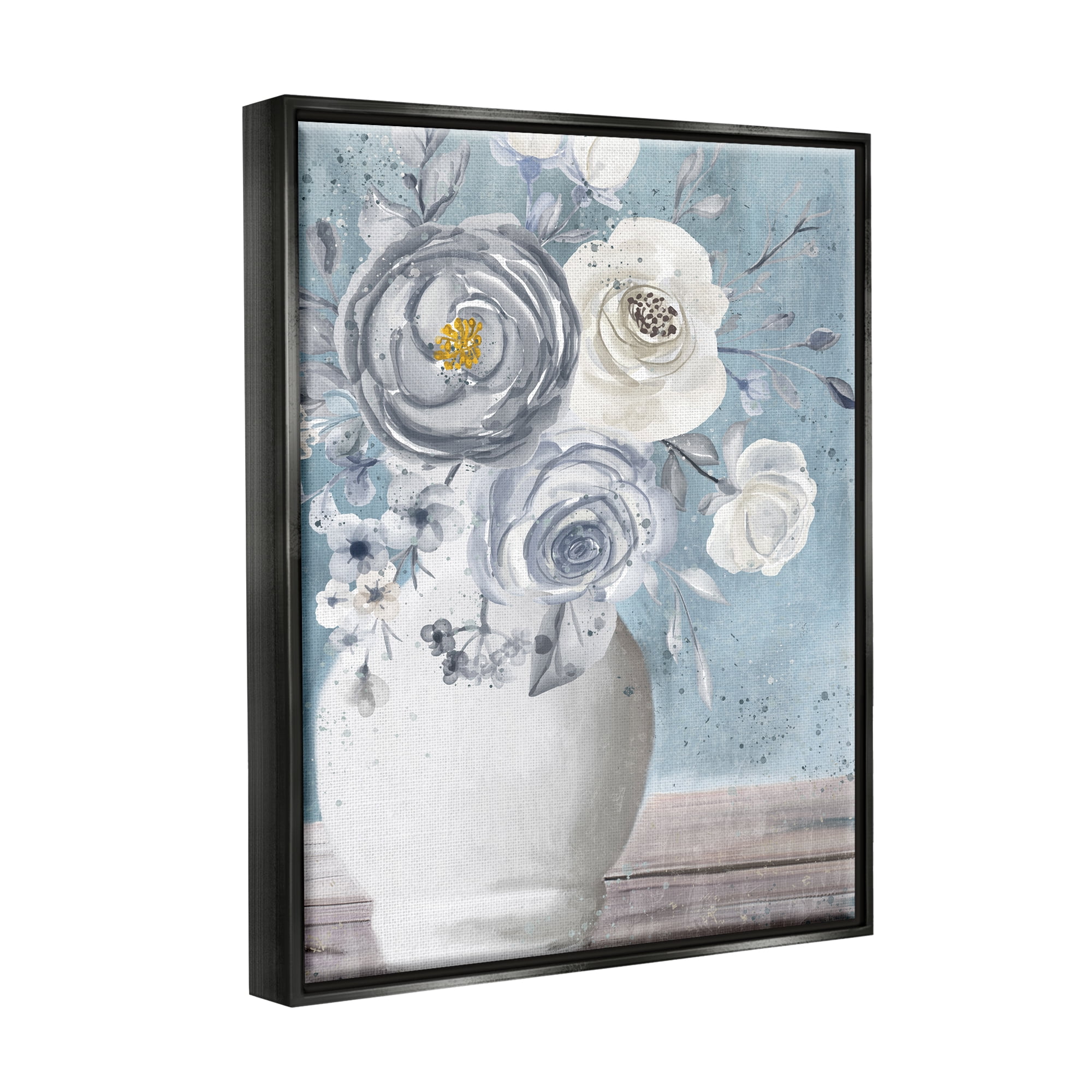 Stupell Industries Round Flower Blossom Bouquet Blue Paint Speckles Painting Jet Black Floating Framed Canvas Print Wall Art, Design by Kim Allen