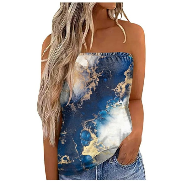 MIASHUI Women Print Tube Top Summer Vacation Casual Strapless Bandeau Tanks,Sky Blue,XXL