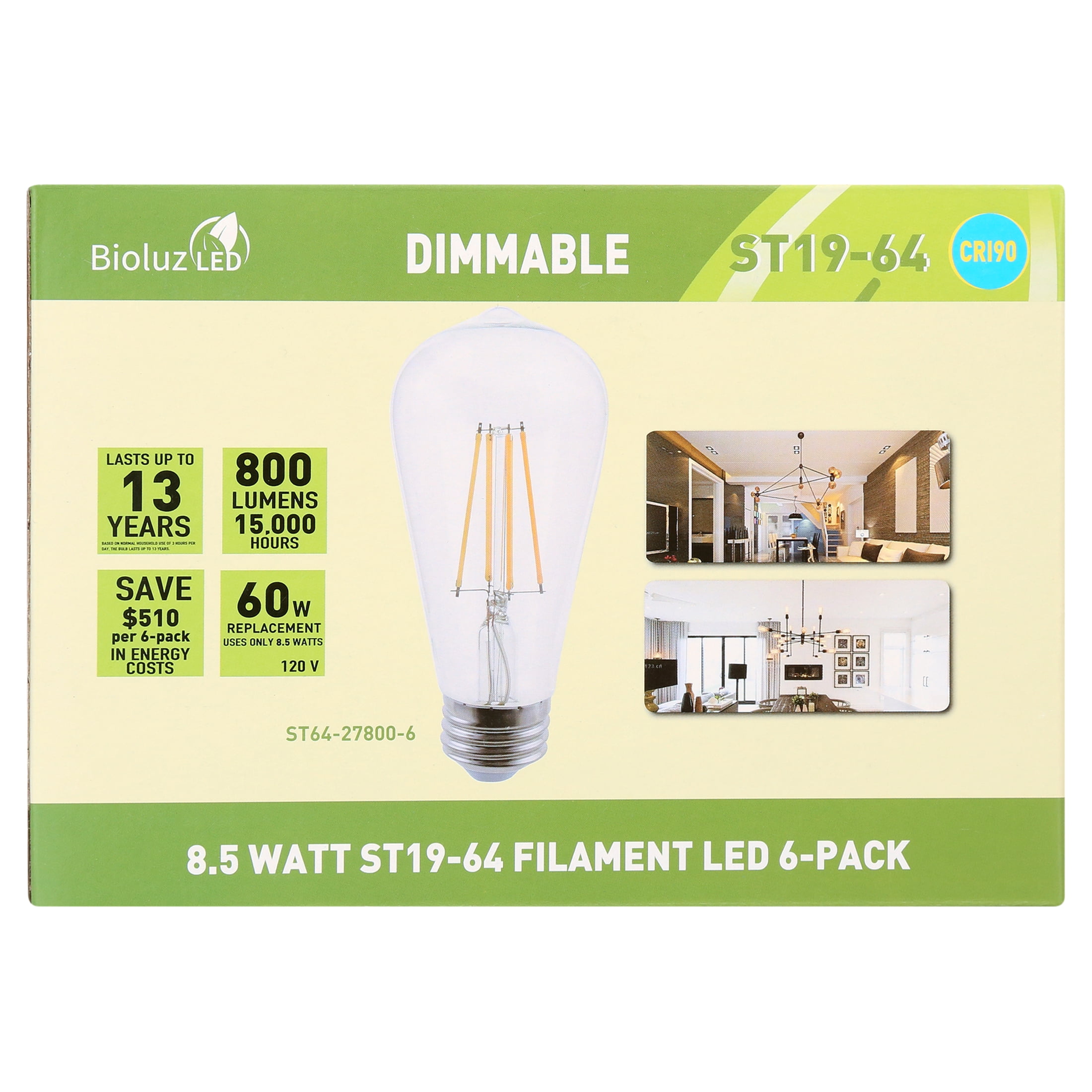 6 Pack Bioluz LED Pendent Light Bulbs, 60 Watt Replacement with Antique Vintage Design, Dimmable Filament ST64 Squirrel Cage E26 Base 2700K Warm White UL Listed
