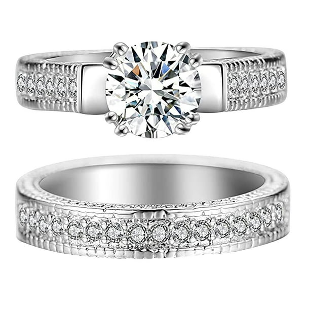 Juego De Anillos De Compromiso De Corte Princesa Con Diamantes De