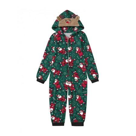 

Matching Christmas Family Pajamas Long Sleeve Elk Antler Hooded Romper Holiday Jumpsuits Adult Kids