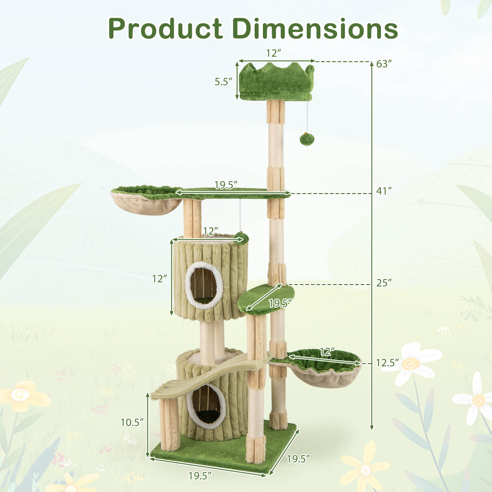 Infans 63" Tall Cat Tree w/ 2 Condos Plush Padded Top Perch 2 Hammocks 2 Dangling Balls