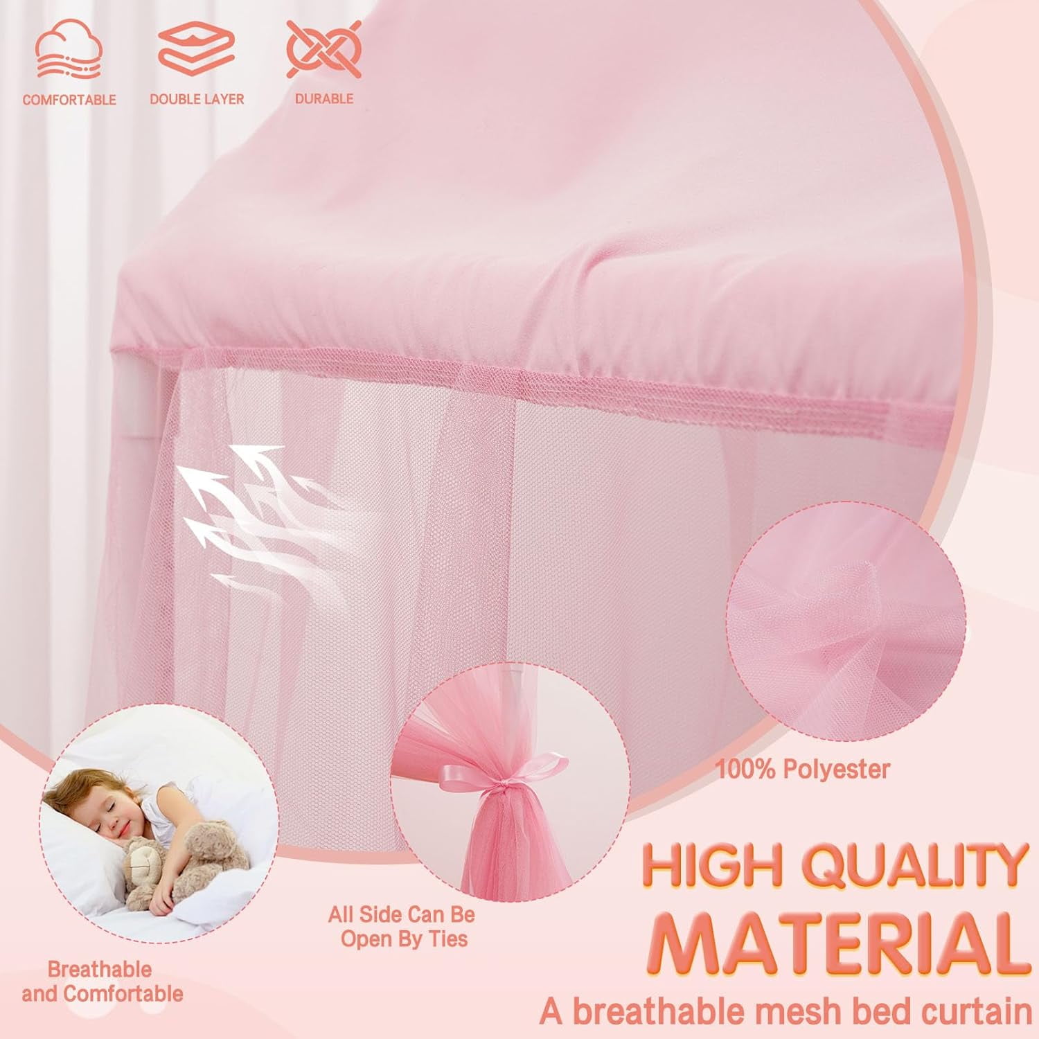 Princess Bed Canopy for Girls - Pink Bed Canopy Princess Castle Dreamy Playhouse Mosquito Net Reading Nook Canopies Play Tent Canopy Bed Curtains for Kids Room(Twin,Pink)