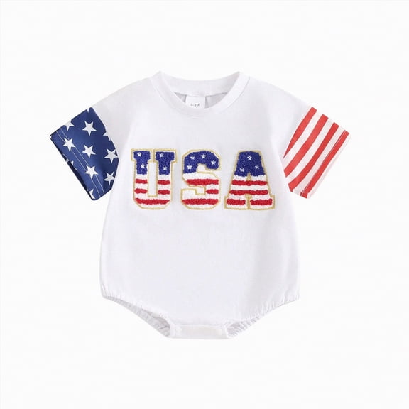 dmqupv Boys Overalls Newborn Baby Boy Girl 4th of July Outfit American Flag Sleeveless Romper Patriotic Bodysuit Fourth of July Outfit White,0-3 Months